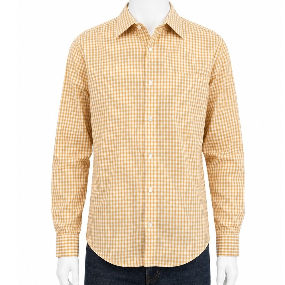 Banana Republic Mens Slim Fit Non Iron Yellow White Gingham Button Down Shirt L